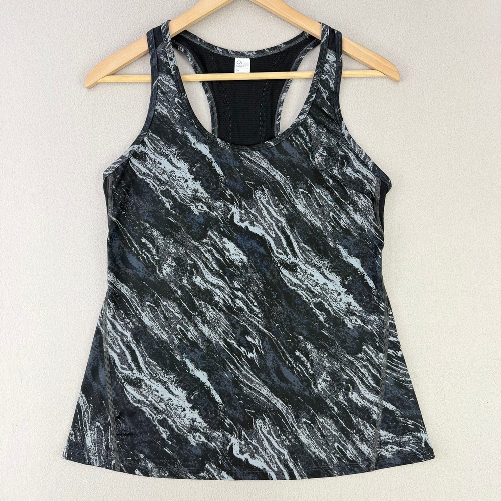 GapFit Racerback Tank Top Women M Black Marble Athletic Activewear Mesh Back